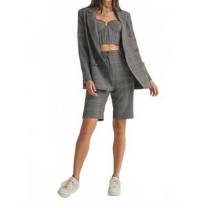 NEW ENDLESS BLU. plaid double-breasted blazer in grey plaid